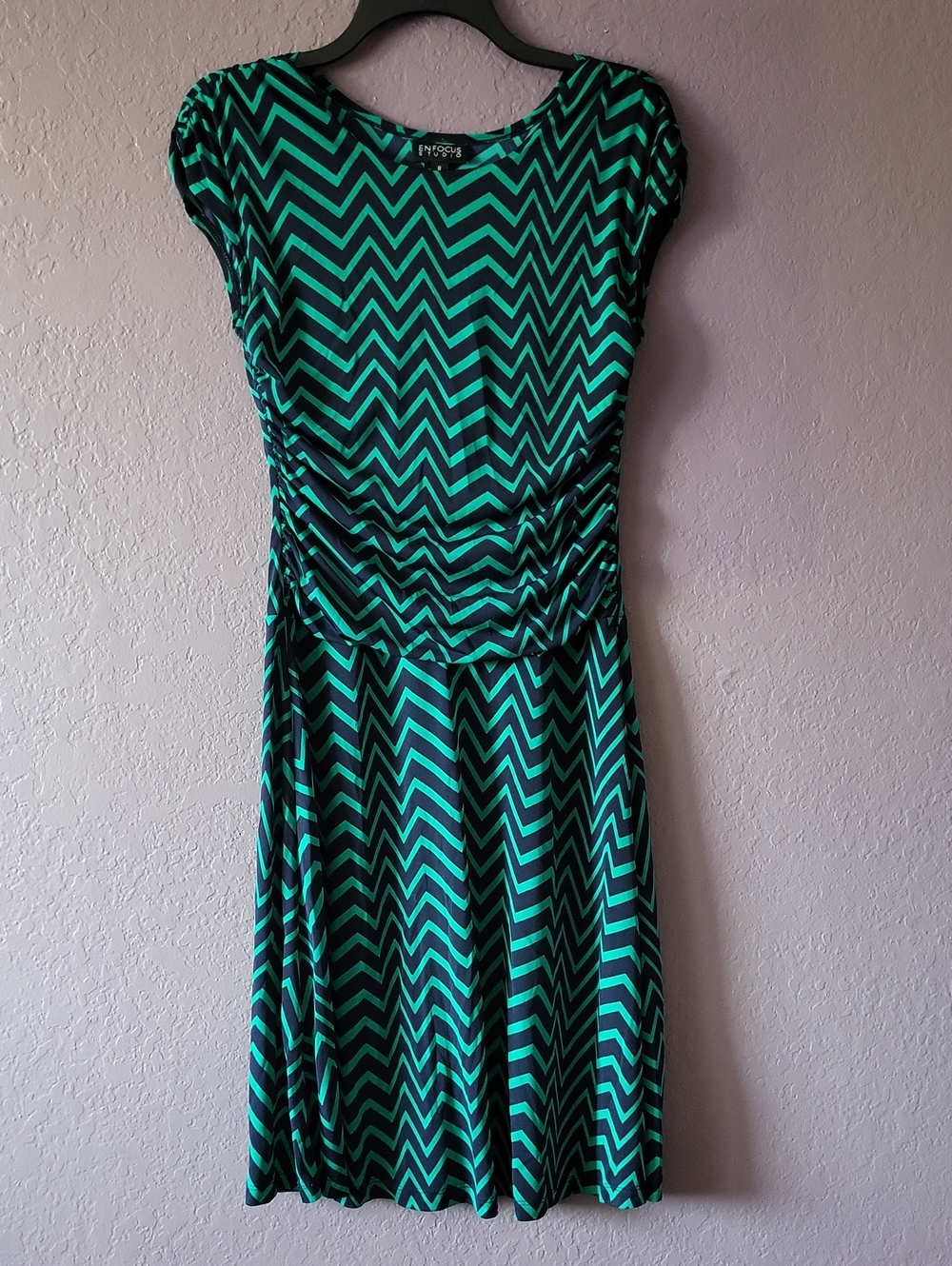 Enfocus Studio Teal and Black Chevron Dress